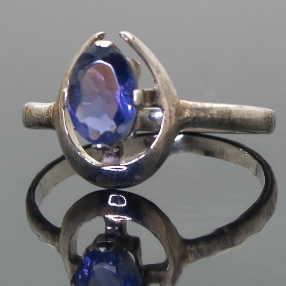 Blue Iolite Gemstone Vintage Custom Made Silver Ring, Size 7, Stamped 925 - Picture 1 of 9